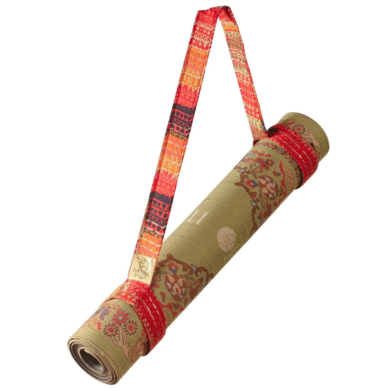 Yogamatten-Tragegurt Pitta über die Schulter oder Rücken zu tragen – handgemachtes Accessoire aus Mysore.