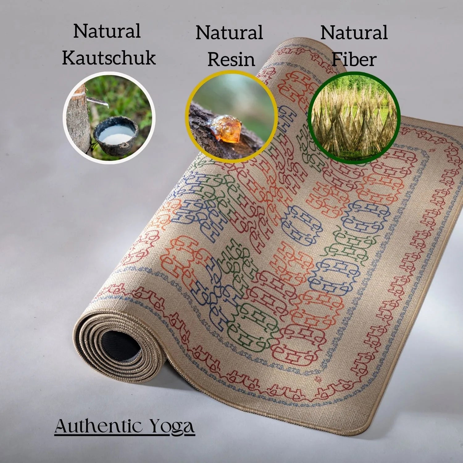 Tanzende Elefanten Yogamatte von Hamsa aus Naturkautschuk und Jute – nachhaltig, rutschfest und umweltfreundlich, perfekt für Ashtanga Obenansicht.