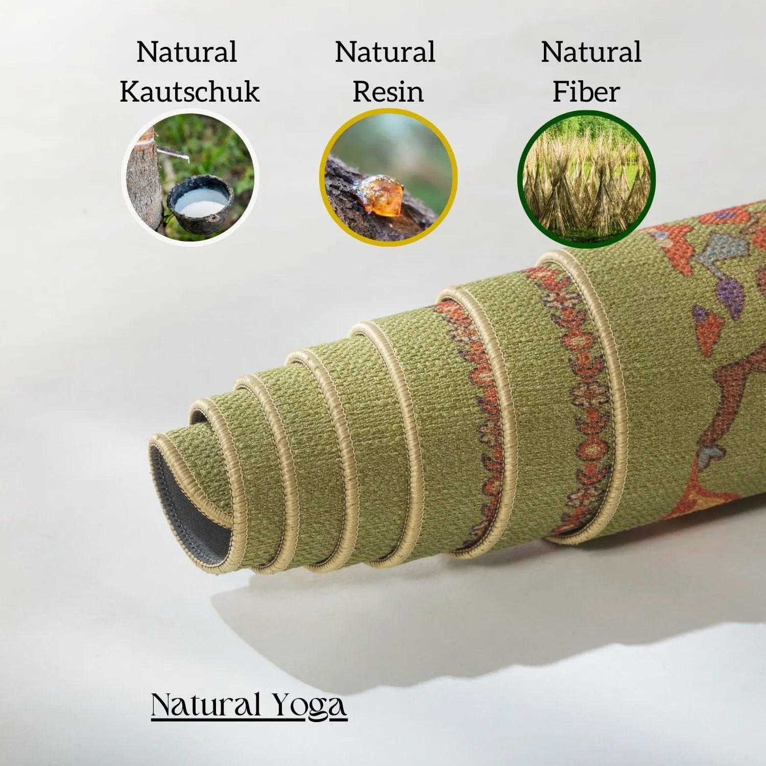 Gerollte Lokah Laghu Yogamatte in der Seitenansicht, rutschfest dank portugiesischen Baumextrakten und nachhaltig, aus Naturkautschuk und Jute gefertigt.